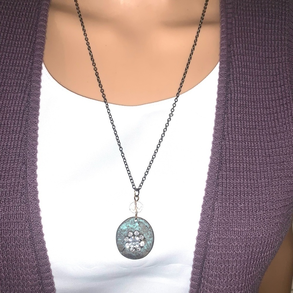 Rustic turquoise Rhinestone pendant boho necklace 35” adjustable chain